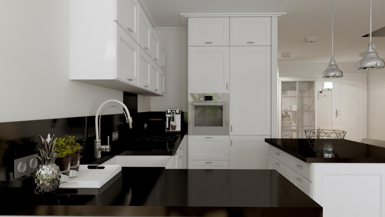 Nowoczesna kuchnia z białymi szafkami, czarnym blatem i srebrnymi akcentami, widoczne srebrne lampy wiszące i dekoracyjna ananasowa rzeźba.