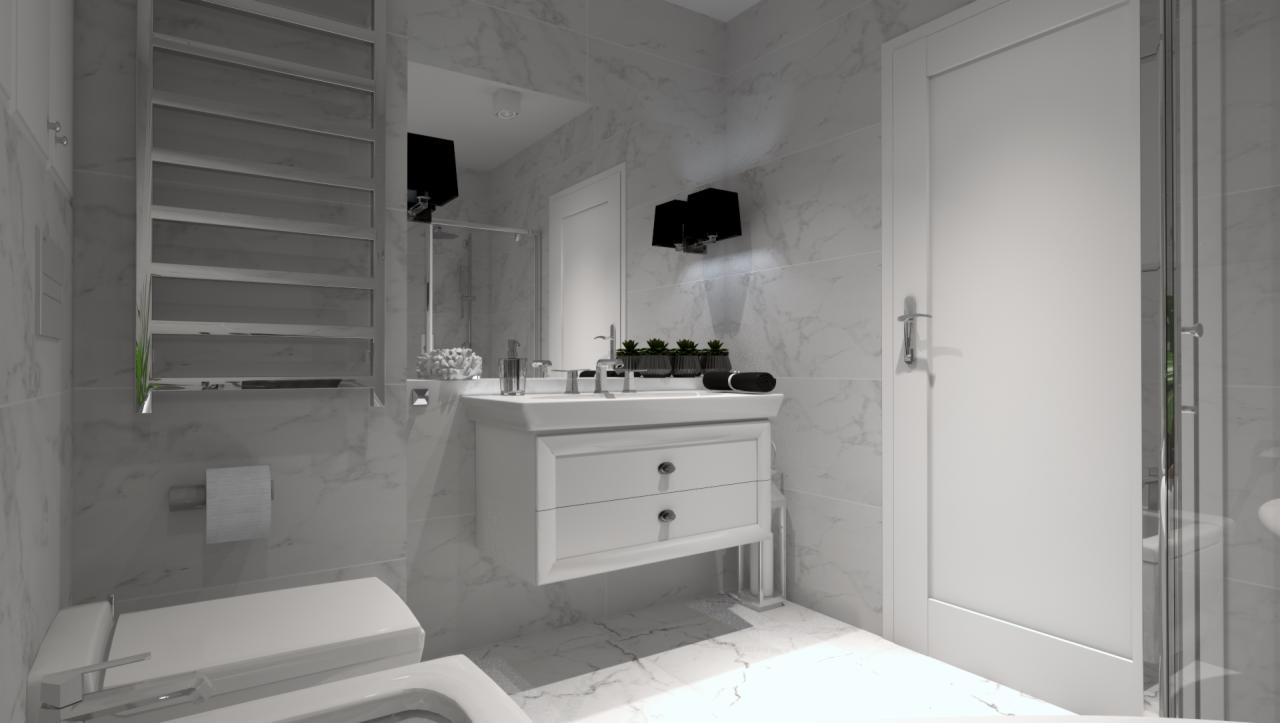 Elegancka łazienka z marmurowymi płytkami, białą szafką pod umywalką z dwoma szufladami, grzejnikiem drabinkowym, toaletą i czarnymi lampami ściennymi.