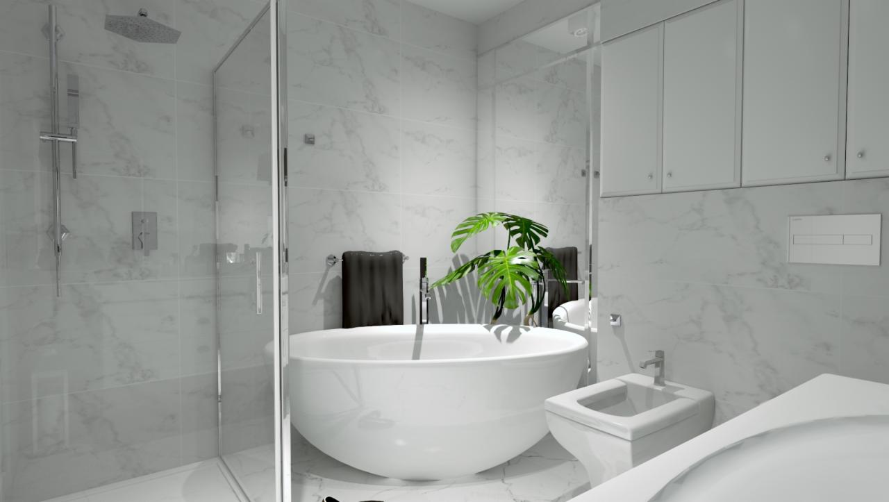 Wizualizacja nowoczesnej łazienki z białą, wolnostojącą wanną, kabiną prysznicową ze szklaną ścianą, marmurowymi płytkami na ścianach, rośliną doniczkową i białymi szafkami wiszącymi.