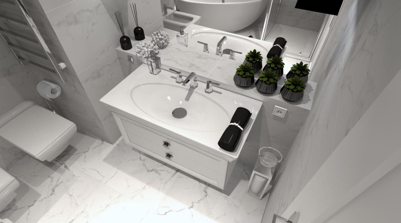 Minimalistyczna, monochromatyczna łazienka z marmurowymi płytkami, owalną umywalką nablatową na szafce z szufladami, ręcznikiem zwiniętym w rulon, oraz dekoracyjnymi roślinami w doniczkach...