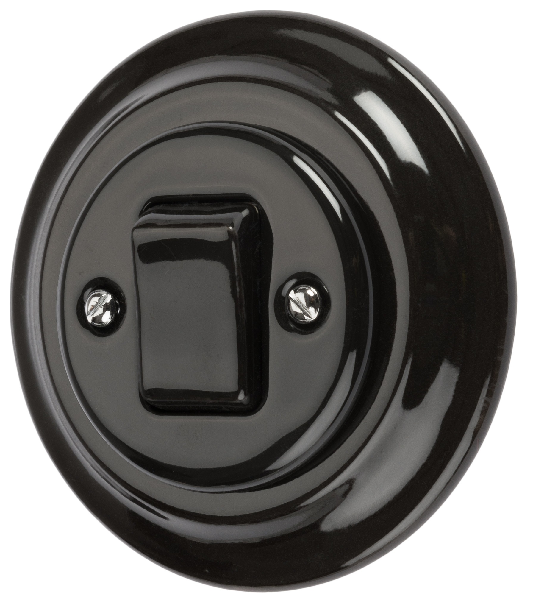 Czarny, okrągły włącznik światła z połyskiem, mocowany na dwie śruby. Produkt sfotografowany na białym tle, z dbałością o detale i odbicia światła.