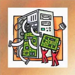 Ilustracja przedstawia otwarta obudowę komputera z widocznymi podzespołami i schematami elektrycznymi trzymanymi przez małe czerwone ludziki.