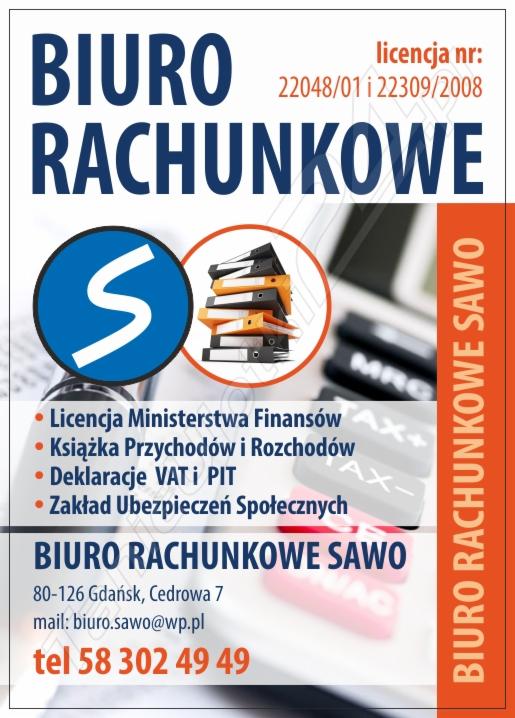 Plakat reklamowy biura rachunkowego SAWO z Gdańska, z informacjami kontaktowymi, listą usług (licencja, księga przychodów, VAT, ZUS) oraz symbolem firmy i stosem segregatorów w okręgu.