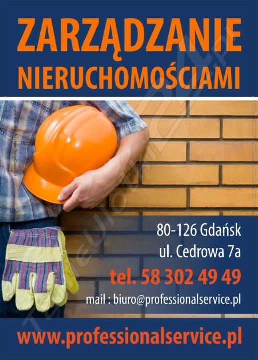 Ogłoszenie firmy zarządzającej nieruchomościami: mur z cegły, pomarańczowy kask, robocze rękawice, adres Gdańsk, numer telefonu i adres e-mail.