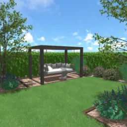 Wizualizacja ogrodu z zielonym trawnikiem, drzewami, kwitnącymi krzewami i huśtawką ogrodową pod zadaszeniem, otoczoną ścieżką z kamyków.