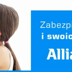 Matka całuje niemowlę na tle niebieskiego baneru z hasłem 'Zabezpiecz siebie i swoich bliskich' oraz logo Allianz.
