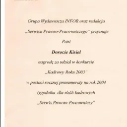 Wyróżnienie w konkursie KADROWY ROKU 2003