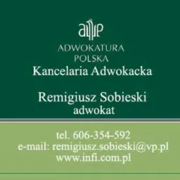 Wizytówka Kancelarii Adwokackiej Remigiusza Sobieskiego z logo Adwokatury Polskiej, numerem telefonu, adresem e-mail i stroną internetową na zielonym tle.