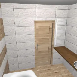 Wizualizacja łazienki z białymi płytkami 3D, drewnopodobnymi panelami na ścianie i podłodze, umywalką nablatową na drewnianym blacie oraz grzejnikiem drabinkowym.