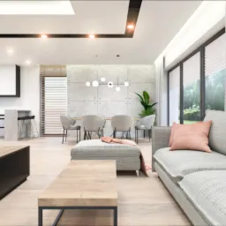 Wizualizacja przestronnego salonu z jadalnią w odcieniach szarości i beżu, z dużym narożnikiem, drewnianym stolikiem kawowym, telewizorem na drewnianej ścianie i widokiem na ogród przez...