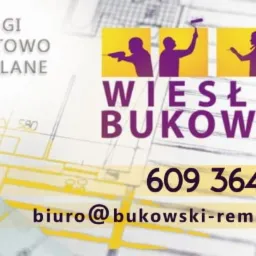 Wizytówka firmy remontowo-budowlanej Wiesław Bukowski z numerem telefonu i adresem email na tle planu architektonicznego.
