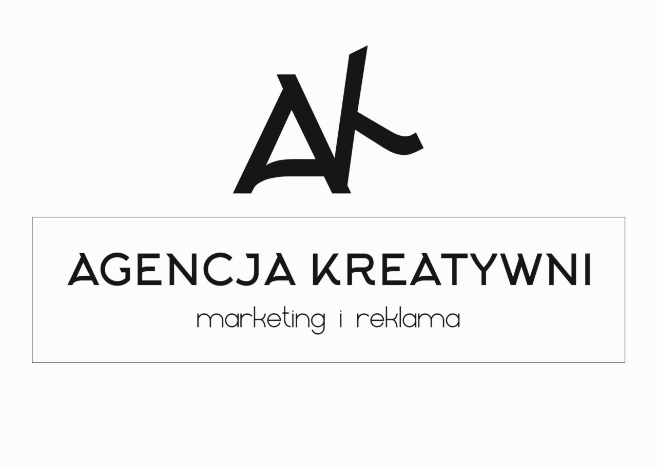 Minimalistyczne logo agencji kreatywnej z czarnym symbolem graficznym przypominającym literę 'A' z asymetrycznym ogonem, umieszczone nad nazwą 'AGENCJA KREATYWNI' i podtytułem 'marketing i reklama'...