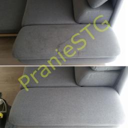 Pranie Tapicerek STG - Szara sofa modułowa: porównanie wyglądu poduszki siedziska przed i po czyszczeniu, widoczne plamy usunięte.