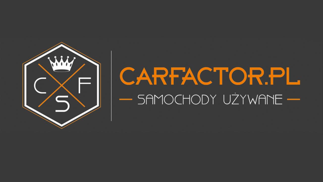 Logo Carfactor.pl z koroną nad literami C, F, S w heksagonie, obok pomarańczowy napis Carfactor.pl i pod nim 'Samochody Używane'.
