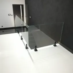 Nowoczesna balustrada ze szkła hartowanego, zamocowana na czarnych wspornikach, oddziela schody w minimalistycznym wnętrzu z białymi płytkami i ciemną ścianą.