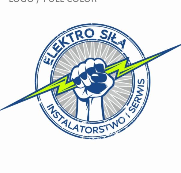 Okrągłe logo firmy instalatorskiej z motywem pięści trzymającej błyskawicę, napis 'Elektro Siła Instalatorstwo i Serwis' w kolorach niebieskim i zielonym na białym tle.