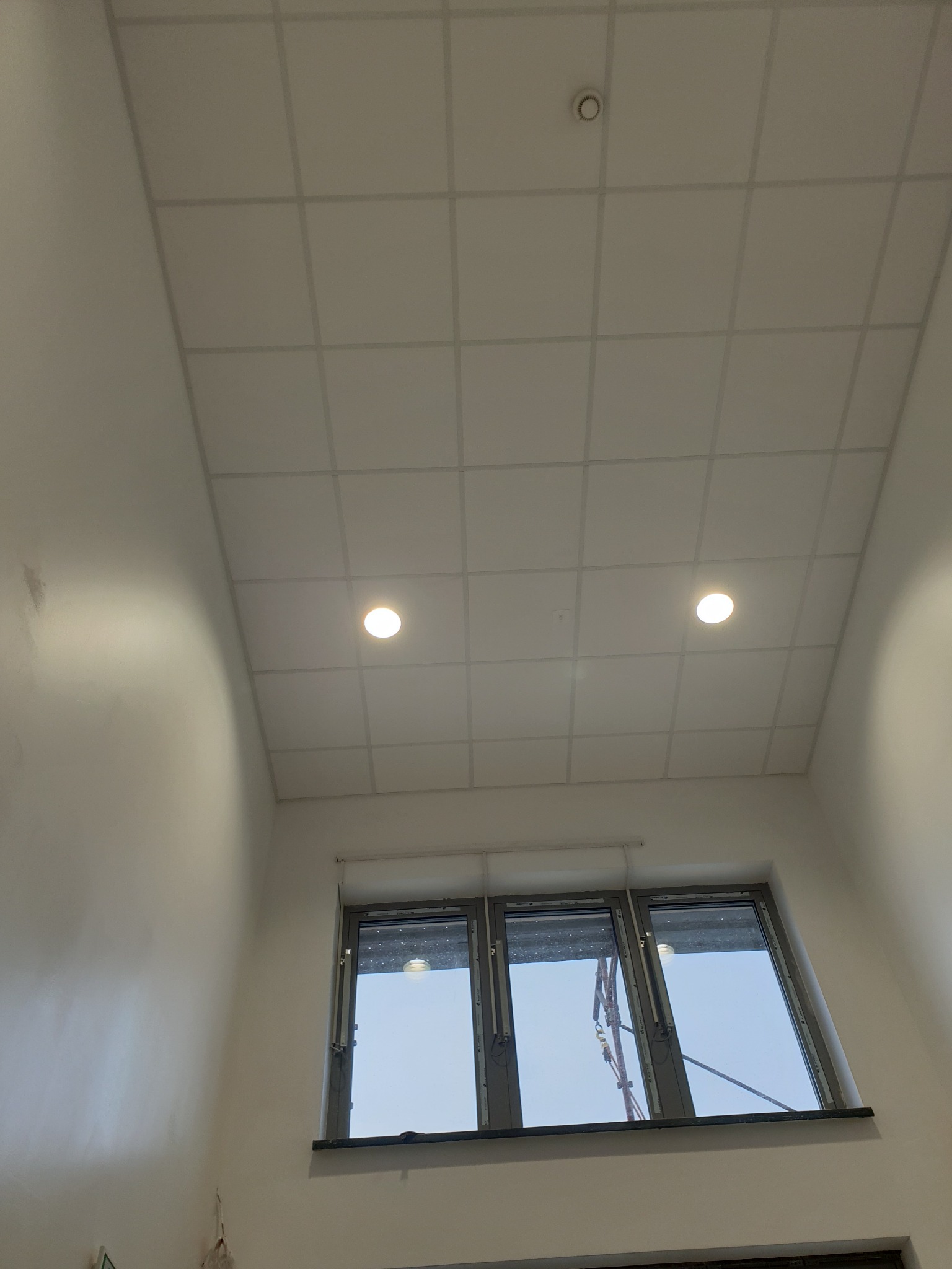 Widok z dołu na sufit podwieszany z widocznymi płytami, dwoma okrągłymi lampami i czujnikiem dymu, ściany pomalowane na biało.