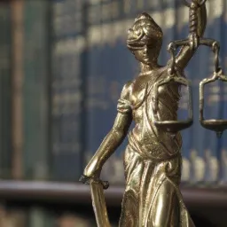 Złota statuetka Temidy, bogini sprawiedliwości z wagą i mieczem, na tle półki z książkami.