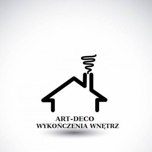 Minimalistyczne logo firmy Art-Deco Wykończenia Wnętrz przedstawiające uproszczony kontur domu z kominem, z którego unosi się stylizowany dym.