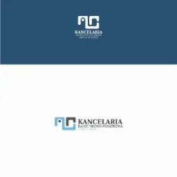 Graficzna prezentacja logo kancelarii rachunkowo-podatkowej z abstrakcyjnym symbolem w kolorach szarym i błękitnym na białym tle, poniżej powtórzenie logo w wersji monochromatycznej na granatowym tle.