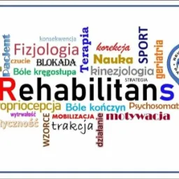 Grafika słowna z hasłami związanymi z rehabilitacją, fizjoterapią, takimi jak: Fizjologia, Terapia, Rehabilitans, Bóle kręgosłupa, Kinezjologia, Taping, propriocepcja, z logo Rehabilitans Paweł...