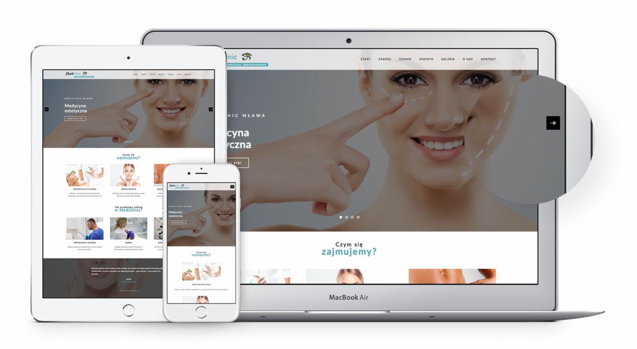 Responsywny układ strony internetowej kliniki medycyny estetycznej, wyświetlany na laptopie, tablecie i smartfonie.