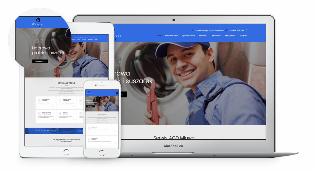 Responsywna strona internetowa serwisu AGD Mława wyświetlana na laptopie, tablecie i smartfonie, prezentująca ofertę naprawy pralek i suszarek.