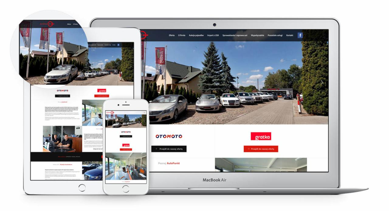 Responsywna strona internetowa z widokiem salonu samochodowego na laptopie, tablecie i smartfonie, prezentująca ofertę pojazdów.