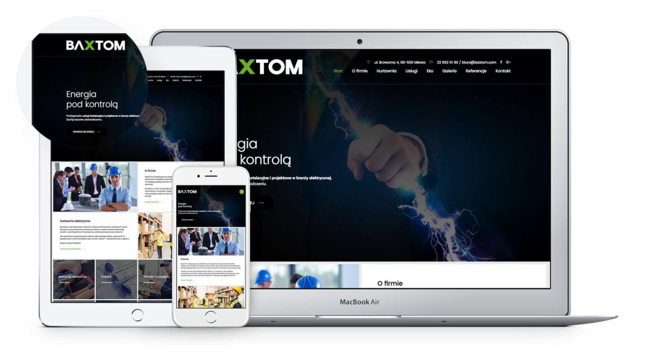 Responsywna strona internetowa firmy Baxtom wyświetlana na laptopie Macbook Air, tablecie i smartfonie, z motywem energii elektrycznej w tle.
