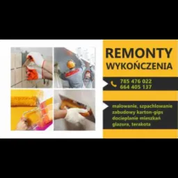 Remonty i wykończenia: kolaż zdjęć prezentujący układanie płytek, montaż płyty karton-gips, malowanie z paletą kolorów i szpachlowanie, obok żółte tło z tekstem reklamowym i numerami telefonów.