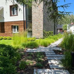 Bogusz Studio Architektura Krajobrazu - Nowoczesny ogród z ścieżką z płyt betonowych prowadzącą do domu z elewacją z kamienia i drewna. Zadbana zieleń, trawy ozdobne i krzewy.