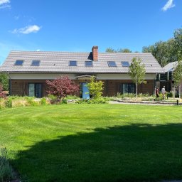 Bogusz Studio Architektura Krajobrazu - Rozległy trawnik przed domem z drewnianą elewacją i niebieskimi drzwiami. Uwagę przykuwają starannie dobrane rośliny i drzewa, tworzące harmonijną kompozycję ogrodu.