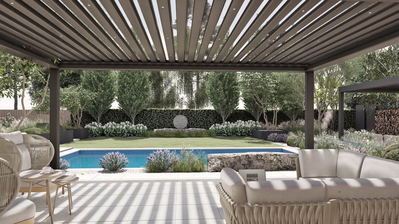 Nowoczesny ogród z basenem i pergolą. W tle zadbany trawnik, krzewy i drzewa. Na pierwszym planie meble ogrodowe i taras z płyt. Całość utrzymana w jasnej kolorystyce.