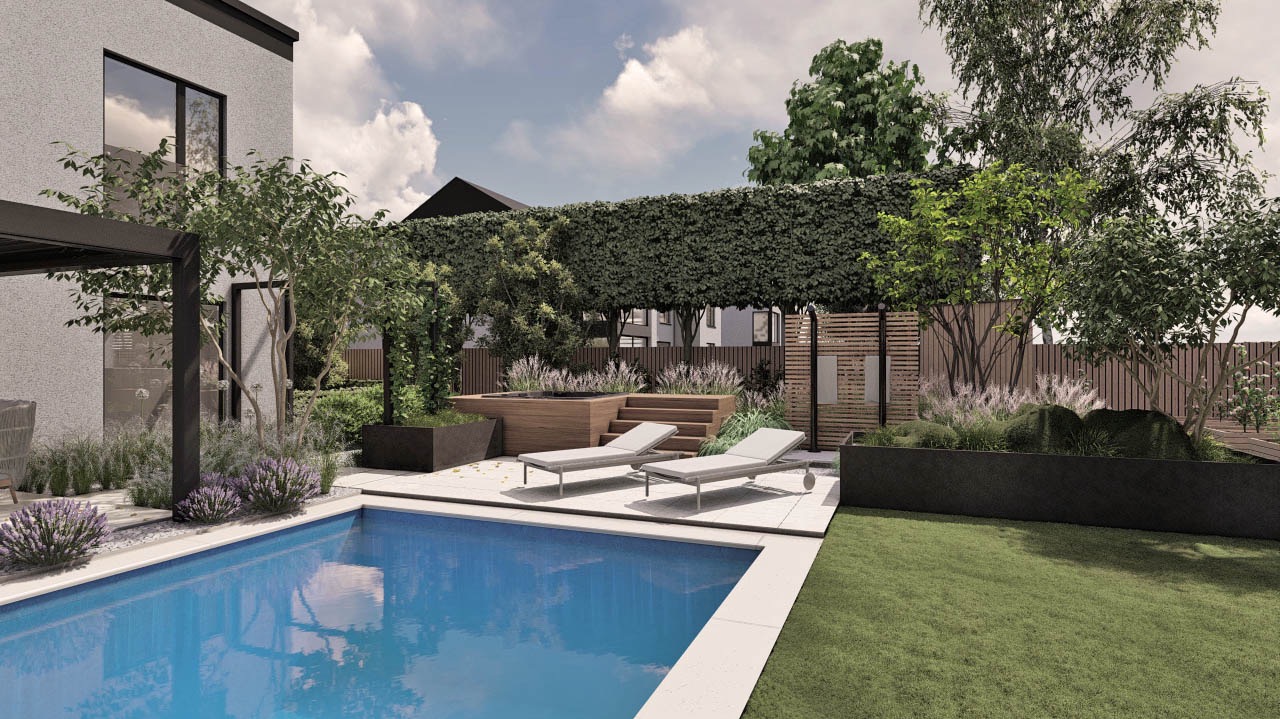 Nowoczesny ogród z basenem, leżakami i jacuzzi. Roślinność w geometrycznych donicach, drewniane elementy i trawnik tworzą spójną całość.
