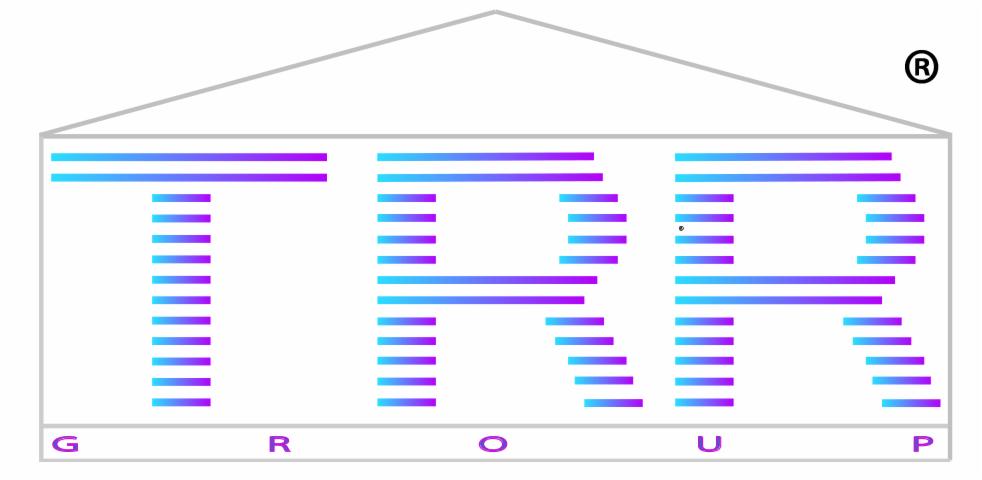 Logo firmy TR Group, stylizowane na budynek z niebiesko-fioletowych pasków.