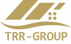Złote logo firmy TRR-GROUP z Kobylnicy, stylizowane na dach domu z oknem, umieszczone nad nazwą firmy.