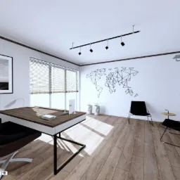 Wizualizacja biura domowego z drewnianą podłogą, biurkiem z blatem w kolorze drewna i czarnym krzesłem obrotowym, uzupełniona graficzną mapą świata na ścianie.