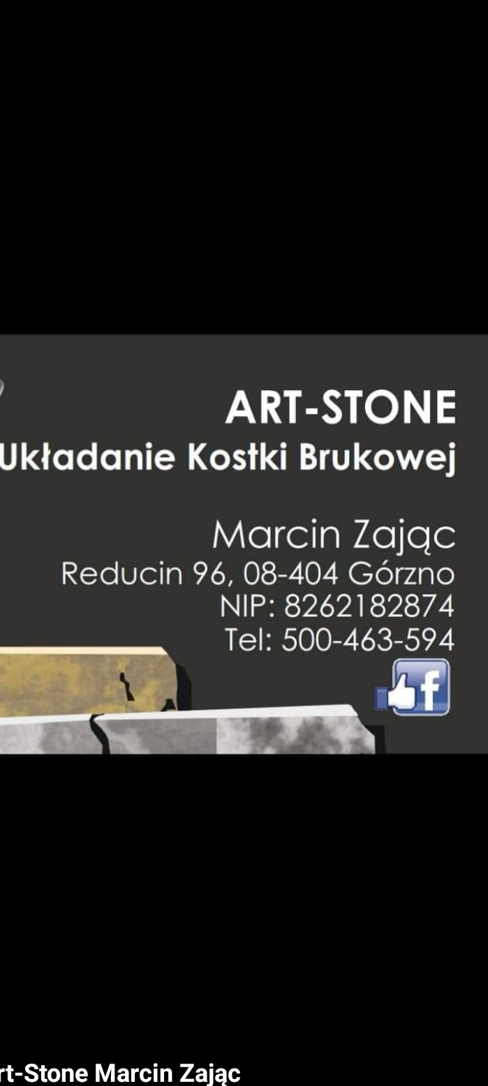Wizytówka firmy Art-Stone Marcina Zająca oferującej układanie kostki brukowej, z adresem, NIP-em, telefonem i ikoną Facebooka na szarym tle.
