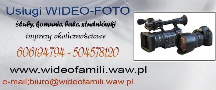 Wizytówka firmy oferującej usługi wideofilmowania i fotografii, z numerami telefonów, adresem strony internetowej i adresem e-mail, obok umieszczono zdjęcie kamery wideo i aparatu fotograficznego.