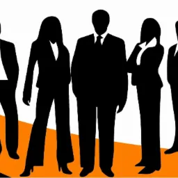 Sylwetki grupy osób w formalnych strojach na pomarańczowo-białym tle, sugerujące zespół lub konsultacje biznesowe.