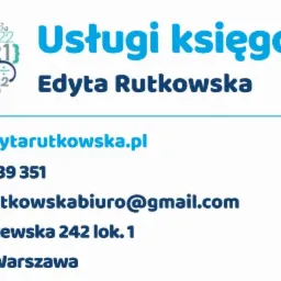 Wizytówka z niebieskim napisem 'Usługi księgowe Edyta Rutkowska', adres strony internetowej, numer telefonu, adres email oraz adres siedziby na białym tle.