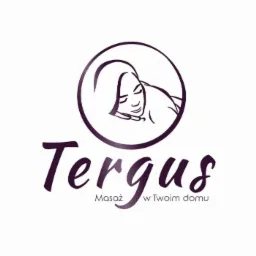 Logo firmy Tergus, przedstawiające stylizowaną twarz kobiety relaksującej się w okręgu, z dopiskiem 'Masaż w Twoim domu' poniżej nazwy.