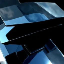 Abstrakcyjna kompozycja z błyszczących, niebieskich, geometrycznych kształtów na czarnym tle, odbijających światło.