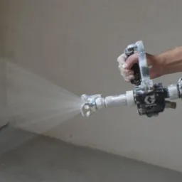 Aplikacja gładzi natryskowej w narożniku pomieszczenia w Olszynach, z użyciem profesjonalnego urządzenia. Widoczne ślady materiału na rękach operatora.