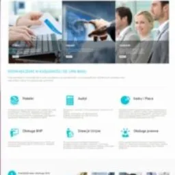 Wygląd strony internetowej z niebieskimi akcentami, prezentującej usługi finansowe, z widocznym logo JCS w lewym górnym rogu i zdjęciami stockowymi w nagłówku.