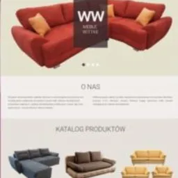 Prezentacja strony internetowej producenta mebli tapicerowanych, z widocznym logo w lewym górnym rogu i zdjęciem narożnika na górze strony. Sekcja 'O nas' i 'Katalog produktów' z miniaturami mebli...