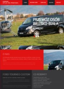 Strona internetowa firmy przewozowej z czarnym vanem Ford Tourneo Custom na tle helikoptera i krajobrazu. Czerwone elementy nagłówka i stopki strony. Widoczny napis 'Przewóz osób Bielsko-Biała.