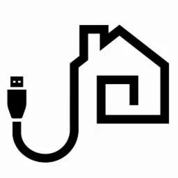 Czarno-biała ikona inteligentnego domu połączonego kablem USB.