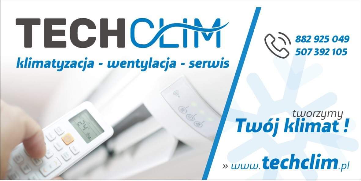 Grafika reklamowa firmy Techclim z klimatyzatorem, pilotem wskazującym 24 stopnie Celsjusza oraz hasłem 'Tworzymy Twój klimat!'