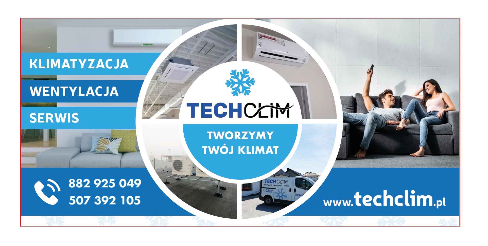 Kompozycja zdjęć prezentująca usługi firmy Techclim: klimatyzatory kasetonowe i ścienne w biurach, para relaksująca się na kanapie z pilotem, agregat na dachu, samochód firmowy z logo i numerami...